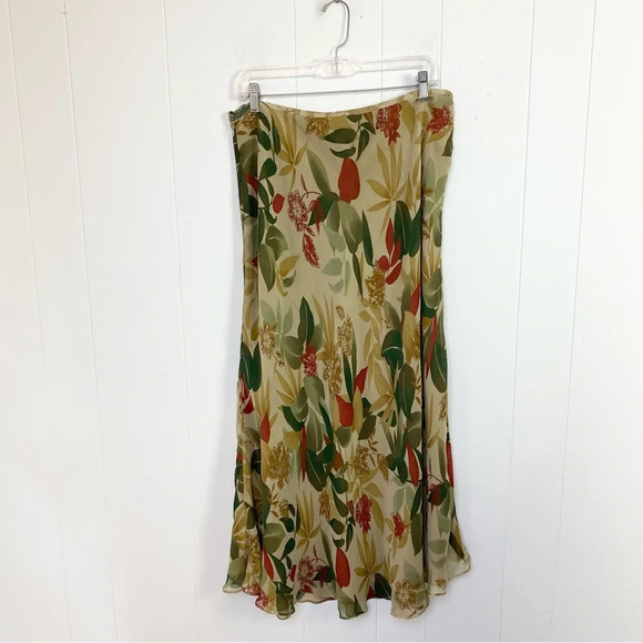 Kate Hill 2 Pc Silk Skirt Set Sz 14 Button Down Top Green Beige Floral Lined - Picture 3 of 16